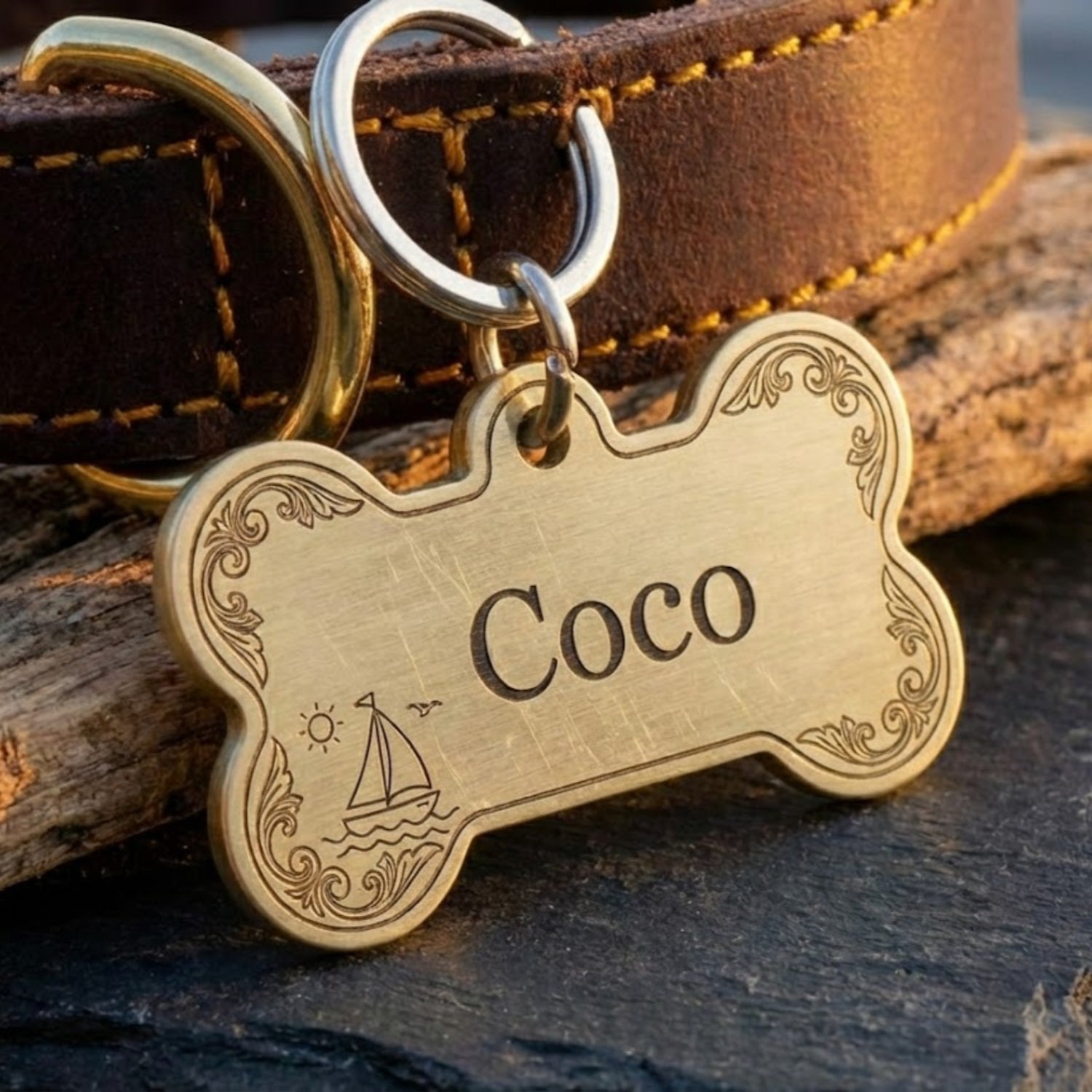 Personalised Deep Engraved Pet ID Tag - Solid Brass Dog Tag with Creative Artisan Patterns - Bespoke Design - Snuggle Snout