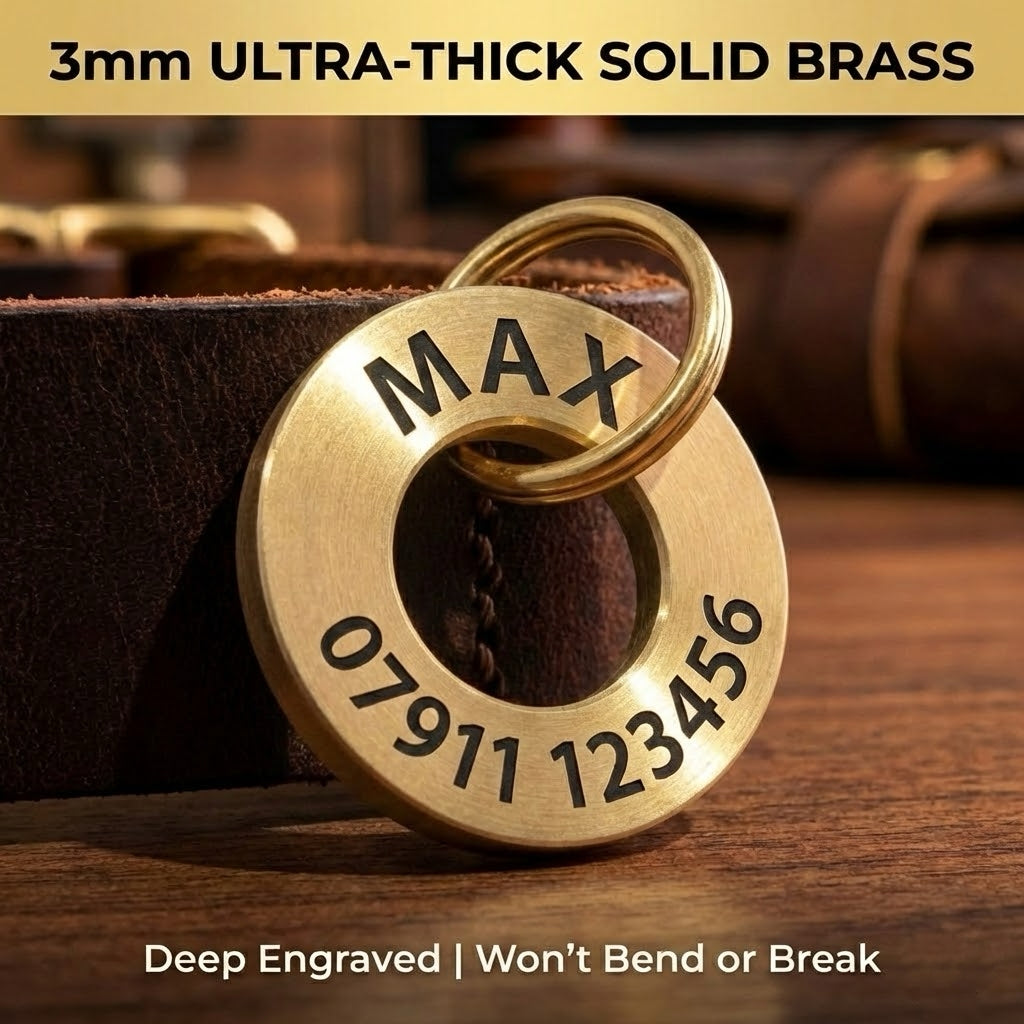 Personalised Deep Engraved Pet ID Tag | Solid 3mm Brass Dog Tag | Bespoke Artisan Series | Snuggle Snout