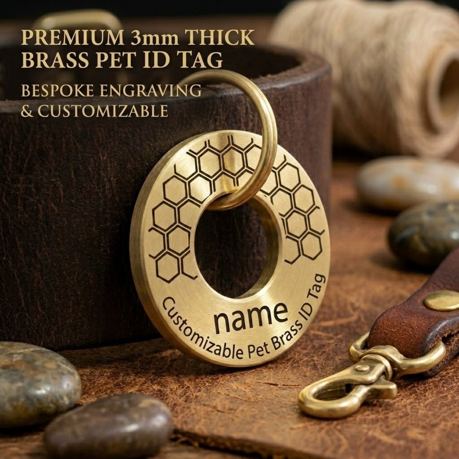 Bespoke 3mm Ultra-Thick Solid Brass Pet ID Tag | Deep Engraved Copper Finish | Double-Sided Permanent Personalization